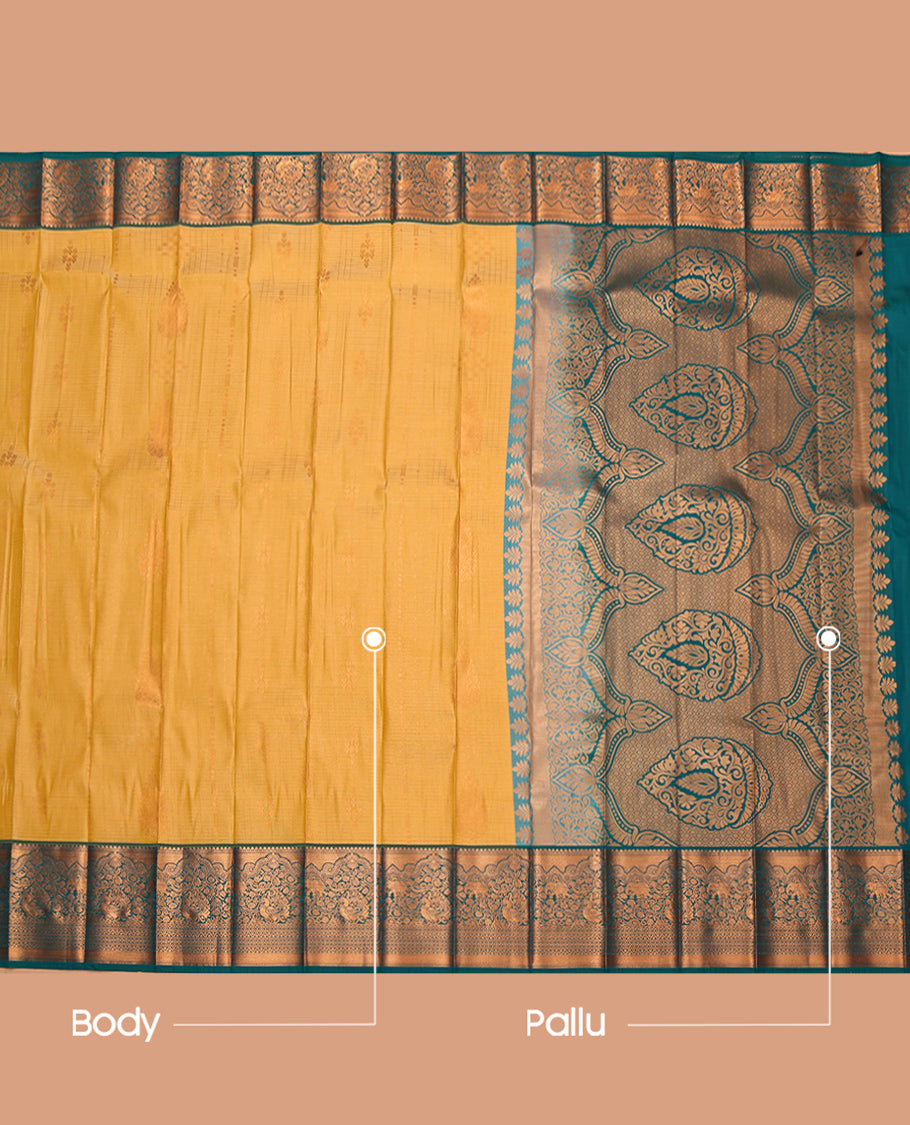 Yellow Budget Silk Saree, Sparsely Woven with Zari Buttas and Checks, Complemented by a Contrast Traditional Border, Intricate Pallu, and Contrast Blouse