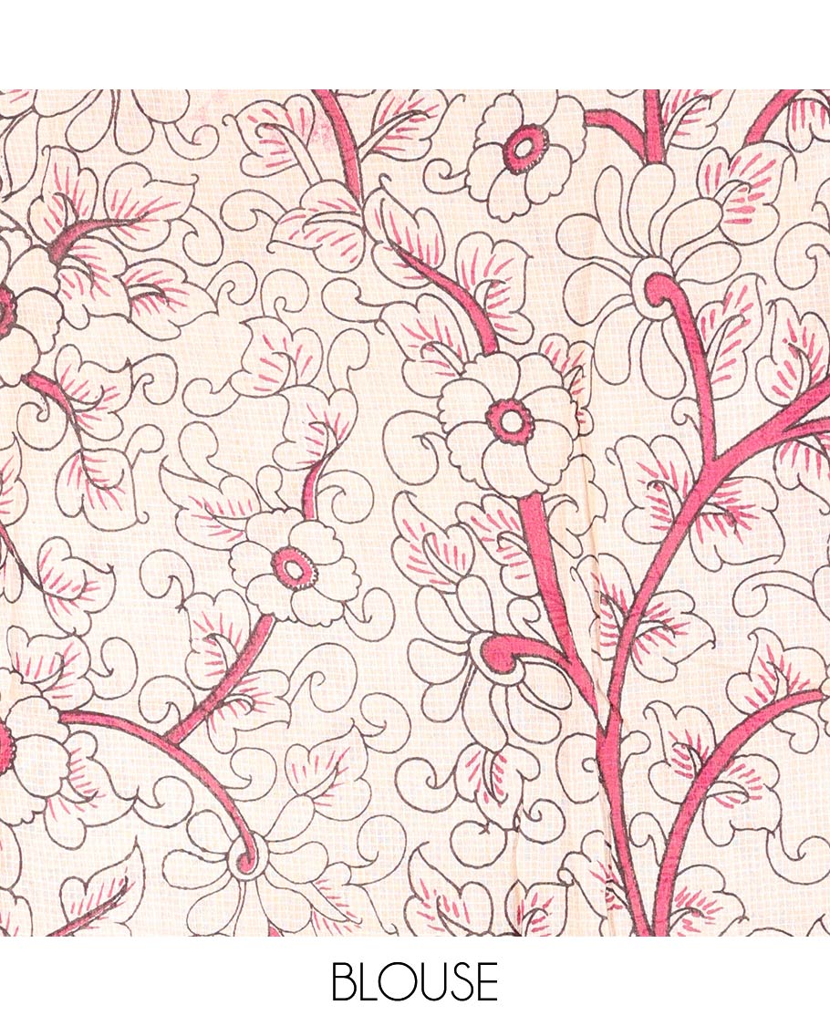 Pink Machine-Printed Kalamkari Cotton Saree Features Flora-Fauna Motifs, a Piping Border, Pallu of Peacock, and a Matching Blouse