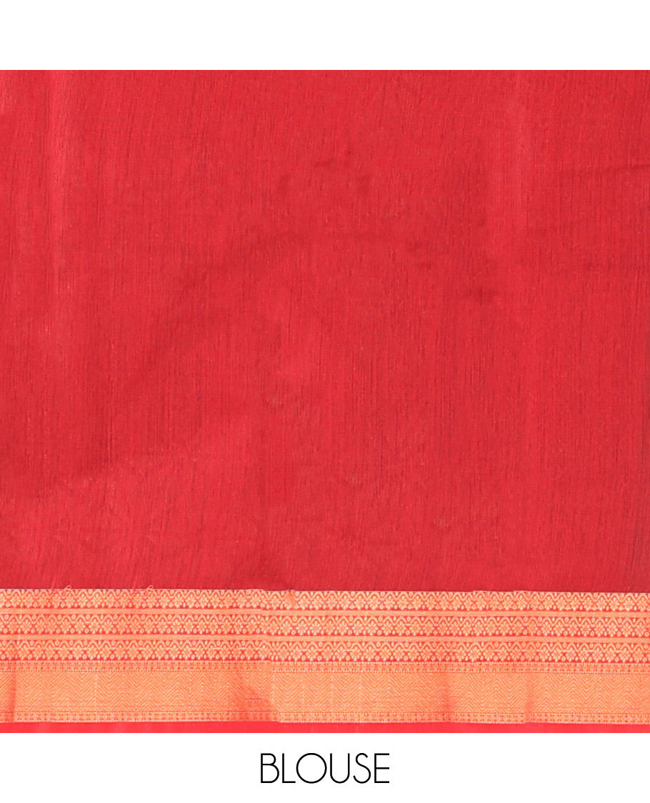 Green Semi-Silk Cotton Saree, Featuring Zari Buttas All Over Its Body, Complemented by a Contrast Traditional Zari Design Border, Pallu of Star Designs, and Paired with a Contrast Blouse