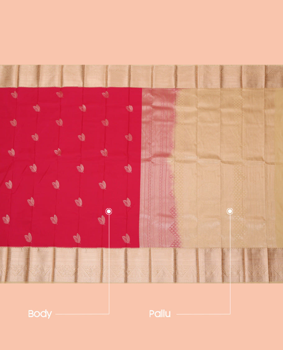 Red Budget Silk Saree, Spotlighted with Zari Buttas, Complemented by a Contrast Traditional Zari Border, Grand Pallu, and a Contrast Blouse