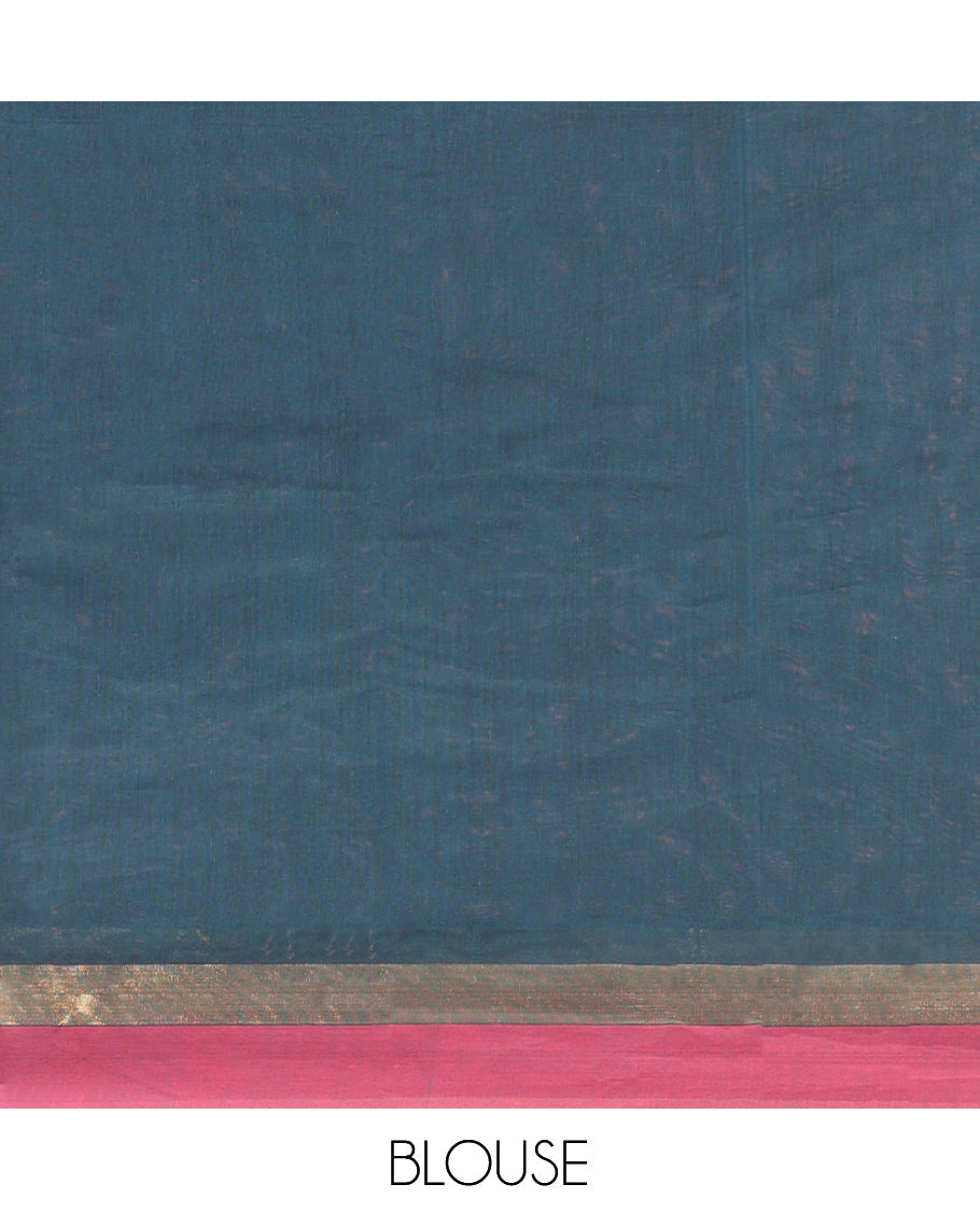 Peacock Blue Kanchi Cotton Saree, Featuring Buttas on Its Body, Contrast Border, Pallu of Floral Design, and a Matching Blouse