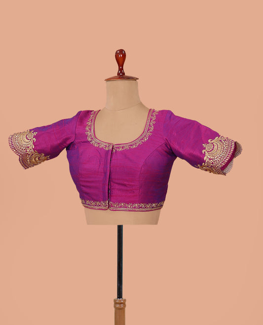 Magenta embroidered front-back round neck elbow sleeve blouse