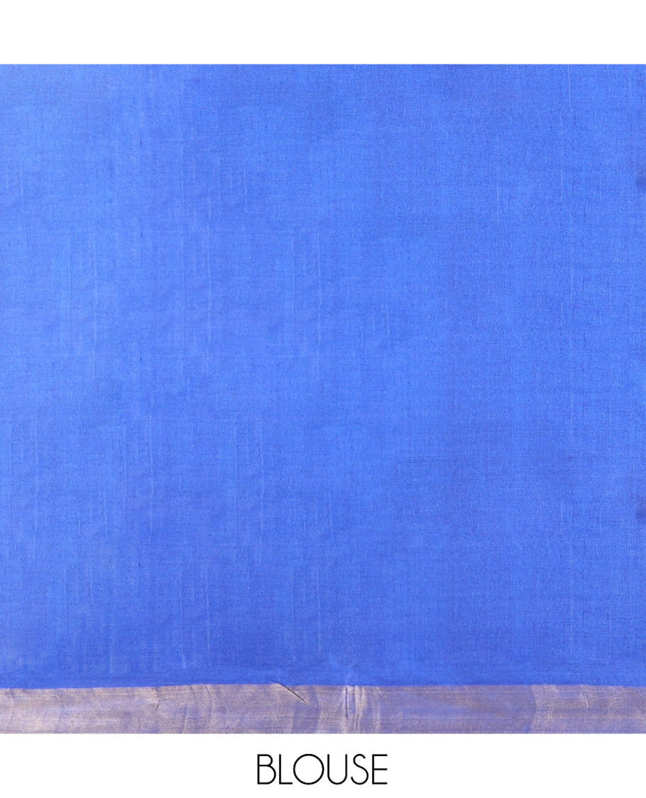 Royal Blue Tussar Silk Saree, Decorated with Floral Buttas All Over Its Body, Subtly Piping Border, Pallu Steeped with Intricate Designs, and Paired with a Matching Blouse