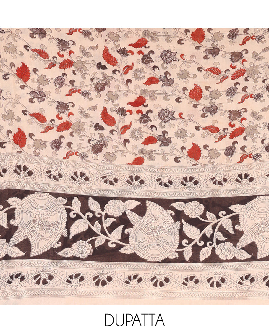 Maroon-Black Cotton Material Chudidar, Kalamkari Print Skirt, Contrast Bottom, Kalamkari Print Dhavani