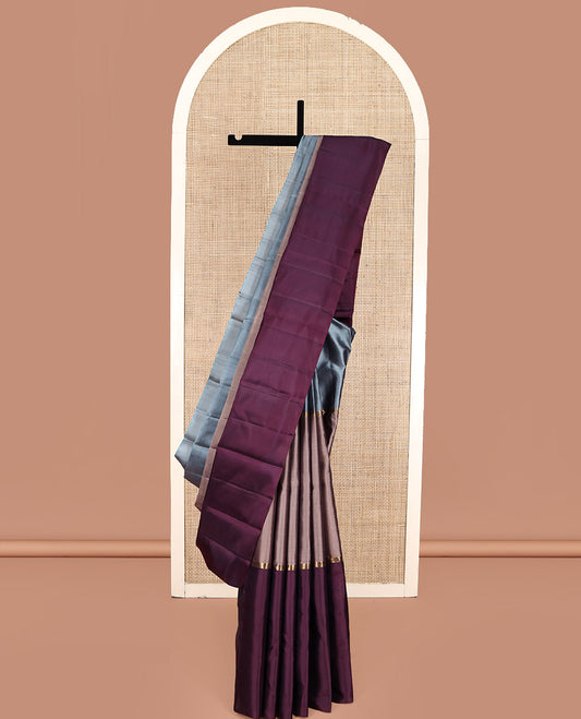 Borderless Multi-Colored Kanchipuram Silk Saree, Elevated with Two-Horizontal Zari Stripes Running on Its Body, a Plain Pallu, and Paired with a Contrast Blouse