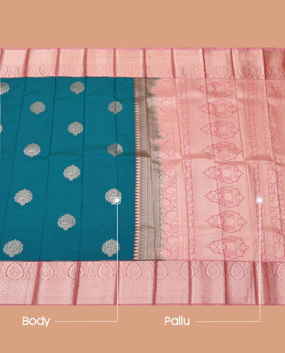 Blue Budget Silk Saree, Decked Up with Zari Buttas, Complemented by a Contrast Traditional Zari Border, Grand Pallu, and Contrast Blouse