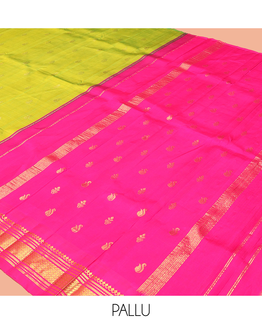 Green Kanchipuram Silk Saree, Woven with Zari Buttas, a Contrast One-Sided Korvai Border of Salngai, and Banaras Designs, a Zari Design Pallu, and No Blouse