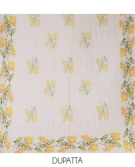 Cream Vishu Kani-Themed Material Chudidhar Set Featuring Kanikkonna Flower Printed on Semi-Silk Top, Plain Santoon Bottom, and Semi-Silk Ikkat Kanikkonna Flower Printed Dupatta