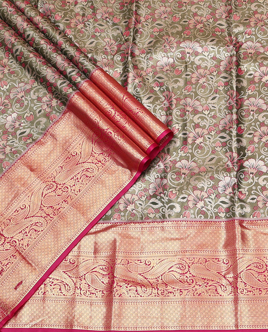 Grey Art Silk Material Half Saree, Richly Detailed with Jacquard Skirt, a Contrast Traditional Zari Border, Contrast Blouse, and an Intricate Dhavani