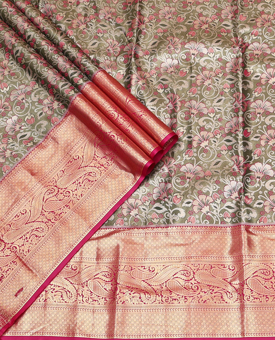 Grey Art Silk Material Half Saree, Richly Detailed with Jacquard Skirt, a Contrast Traditional Zari Border, Contrast Blouse, and an Intricate Dhavani