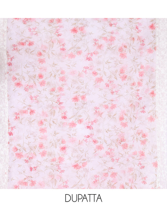 White Chanderi Material Chudiddar, Floral Print Neckwork Top, Plain Bottom, Floral Printed Dupatta
