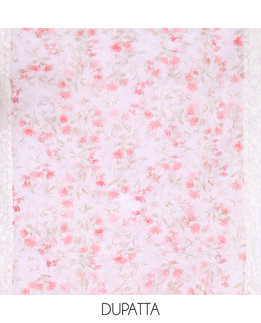 White Chanderi Material Chudiddar, Floral Print Neckwork Top, Plain Bottom, Floral Printed Dupatta
