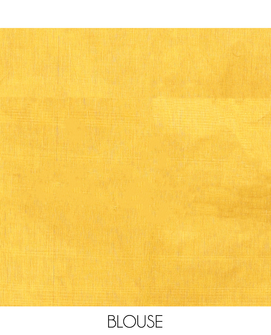 Yellow Plain Chettinad Cotton Saree, Captivating by a Contrast Traditional Zari Design Woven Temple Border, Pallu of Stripes, and Paired with a Matching Blouse