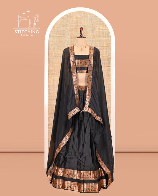 Black Semi-Silk Half-Saree Features Plain Skirt, a Rettai Pettu Elephant-Peacock Border, Matching Blouse, and a Dhavani