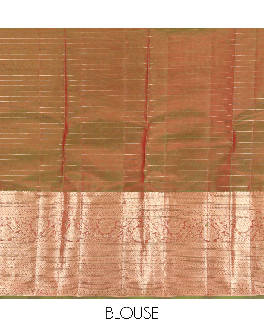 Red Vasundhara Lite Silk Mix Saree, Woven with Zari Butta Enclosed Checks, a Contrast Border of Puli Nagam and Kodi Visiry Designs, Grand Pallu, and a Contrast Blouse