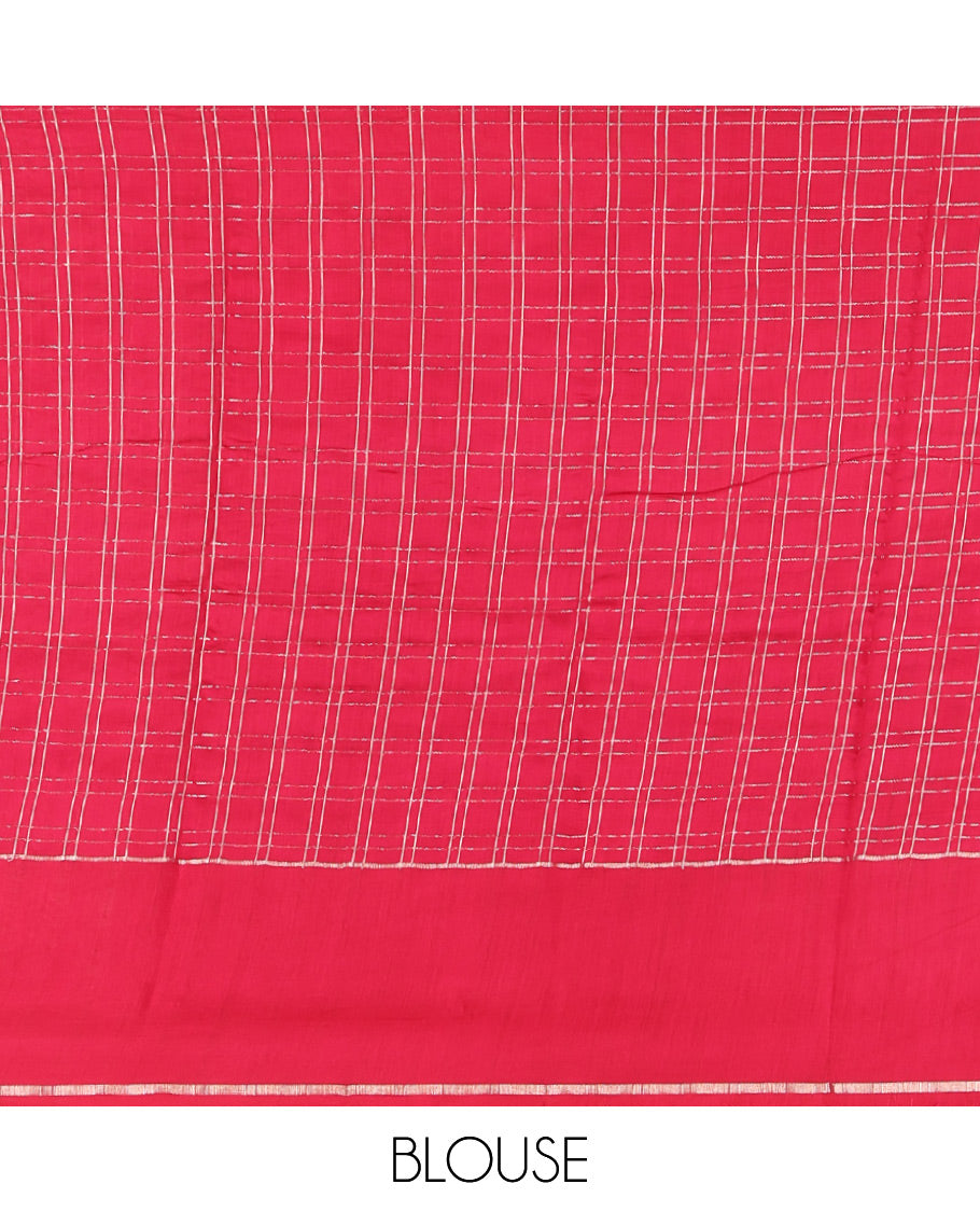 Green Assam Silk Saree, Featuring Zari Checks, Complemented by Contrast Zari Border,  Zari Woven Pallu, and Contrast Blouse
