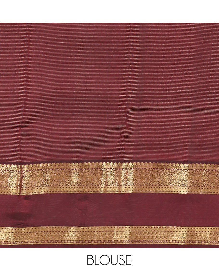 Green Zari Buttas-Stripes Vasundhara Lite Silk Mix Saree, a Contrast Rettai Pettu Border, Contrast Blouse