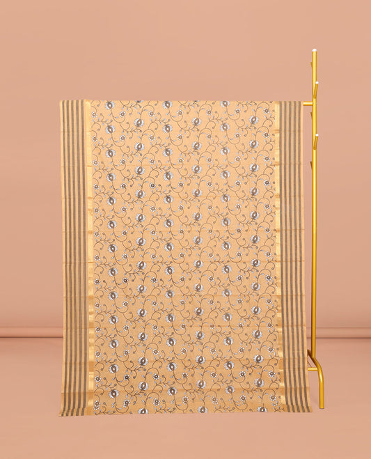 Chikku Chirala Cotton Saree, Beautified with a Floral Vine Print, Striped Border, Printed Pallu, and a Matching Blouse