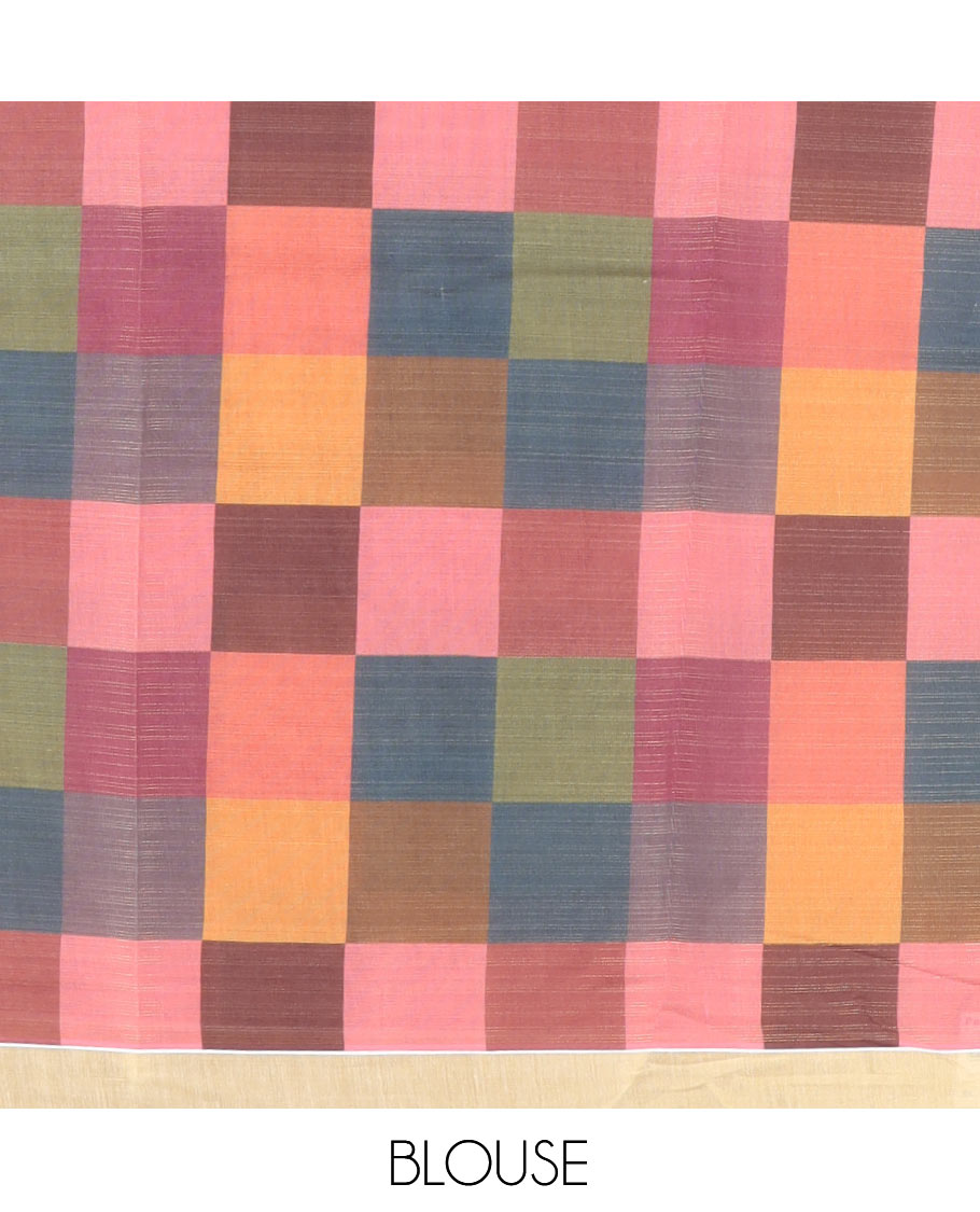 Gold Plain Kerala Tissue Cotton Saree, a Contrast Big Multi-Color Checked Border, Checked Pallu, and a Contrast Blouse