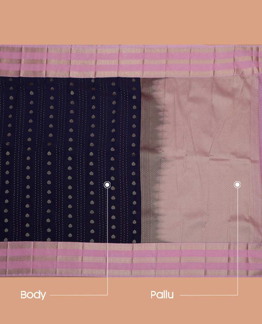 Blue Budget Silk Saree, Highlighted by Buttas All Over Its Body, Complemented by Contrast Traditional Zari Design Varisa Pettu Border, Sparsely Woven Jaal Pallu, and Paired with a Contrast Blouse