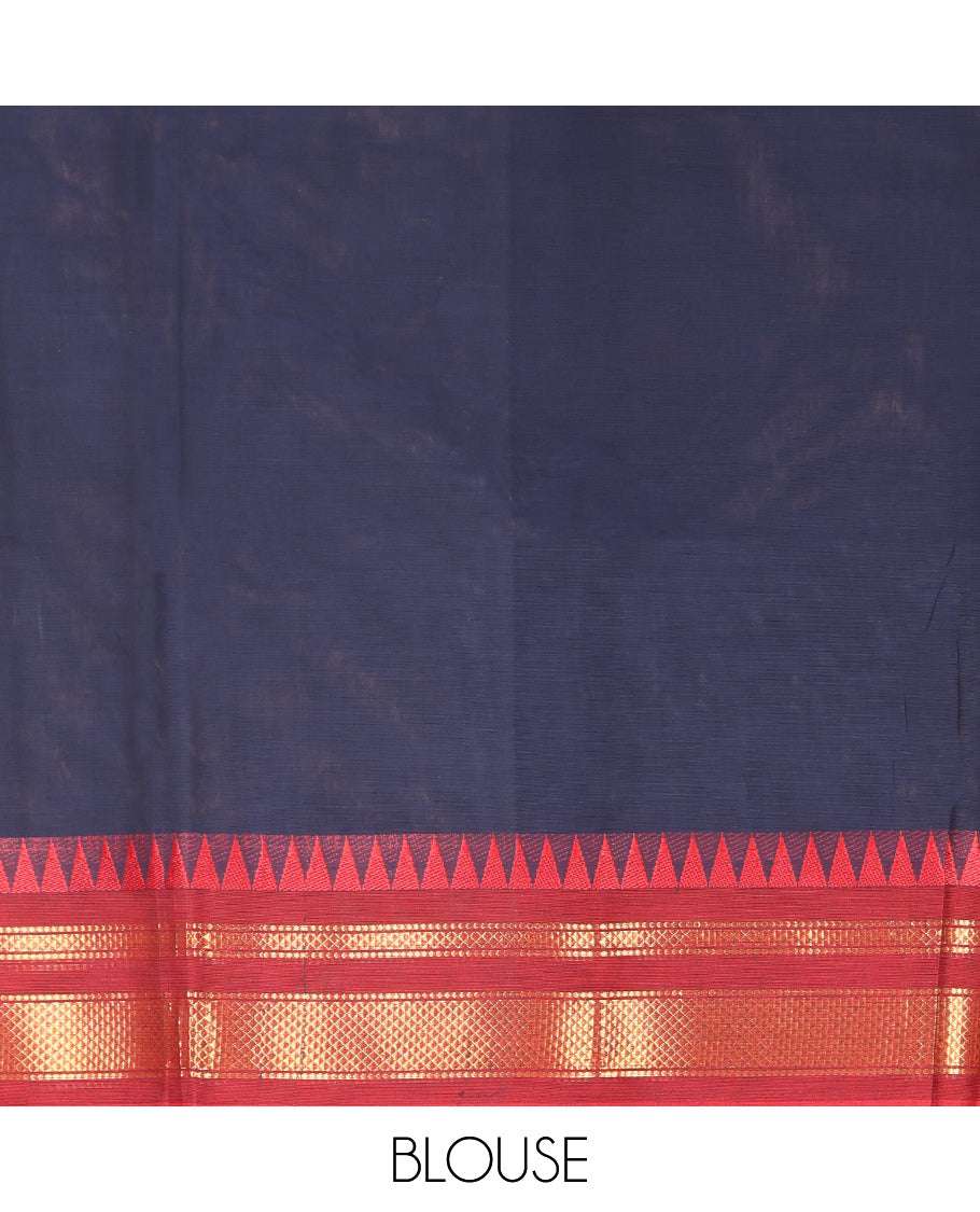 Navy Blue Plain Chettinad Cotton Saree, Complemented by a Contrast Traditional Zari Design Woven Border, Pallu of Stripes, and Paired with a Matching Blouse