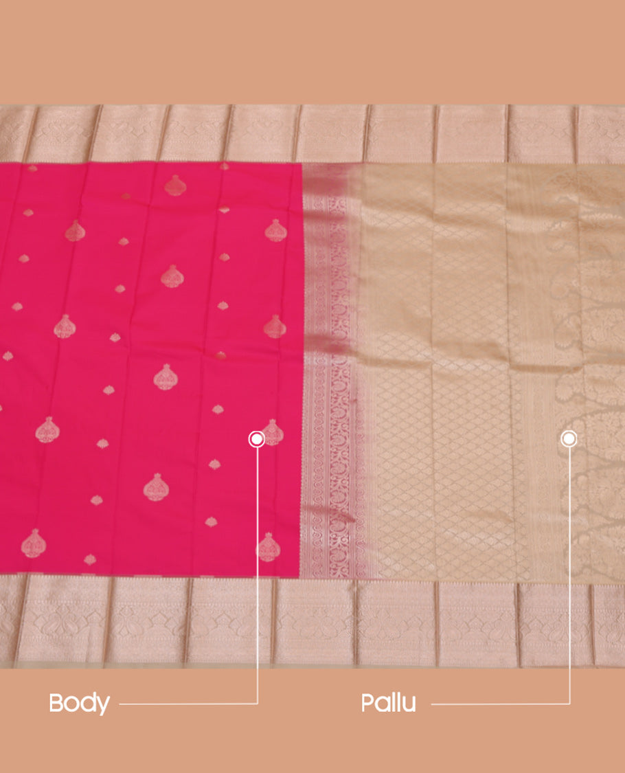 Pink Budget Silk Saree, Highlighted by Zari Buttas, a Contrast Traditional Border, Grand Pallu, and a Contrast Blouse