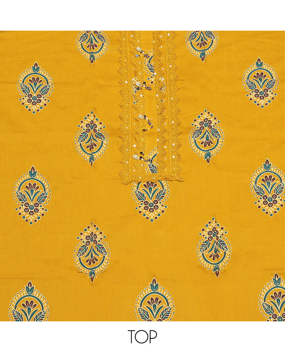 Yellow Cotton Material Churidar Set, Embellished with Unique Motifs and Neck Embroidered Top, Matching Bottom, and Printed Dupatta
