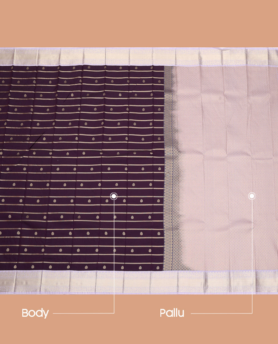 Purple Budget Silk Saree, Embellished with Zari Buttas and Stripes, Complemented by a Contrast Traditional Zari Border, Grand Pallu, and a Contrast Blouse