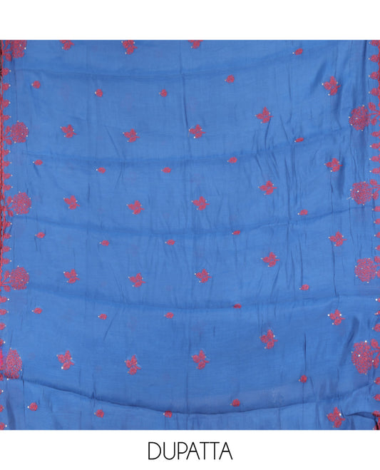Peacock Blue Mul Chanderi Material Churidar Features Floral Vine Embroidery Top, a Plain Bottom, and a Embroidered Dupatta