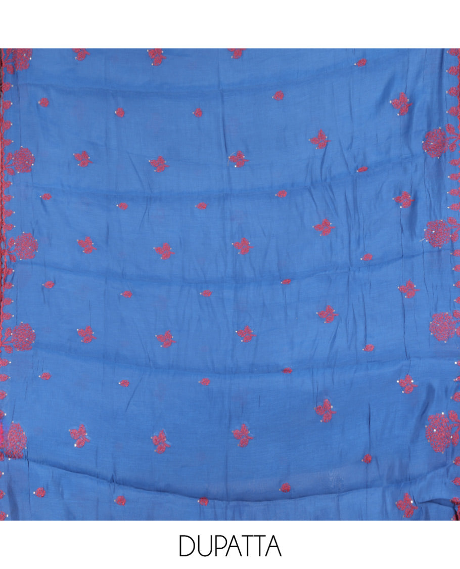 Peacock Blue Mul Chanderi Material Churidar Features Floral Vine Embroidery Top, a Plain Bottom, and a Embroidered Dupatta
