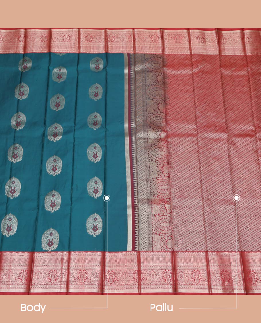 Blue Budget Silk Saree, Woven with Zari Buttas  All Over Its Body, Complemented by a Contrast Traditional Zari Border, Intricately Designed Pallu, and Paired with a Contrast Blouse