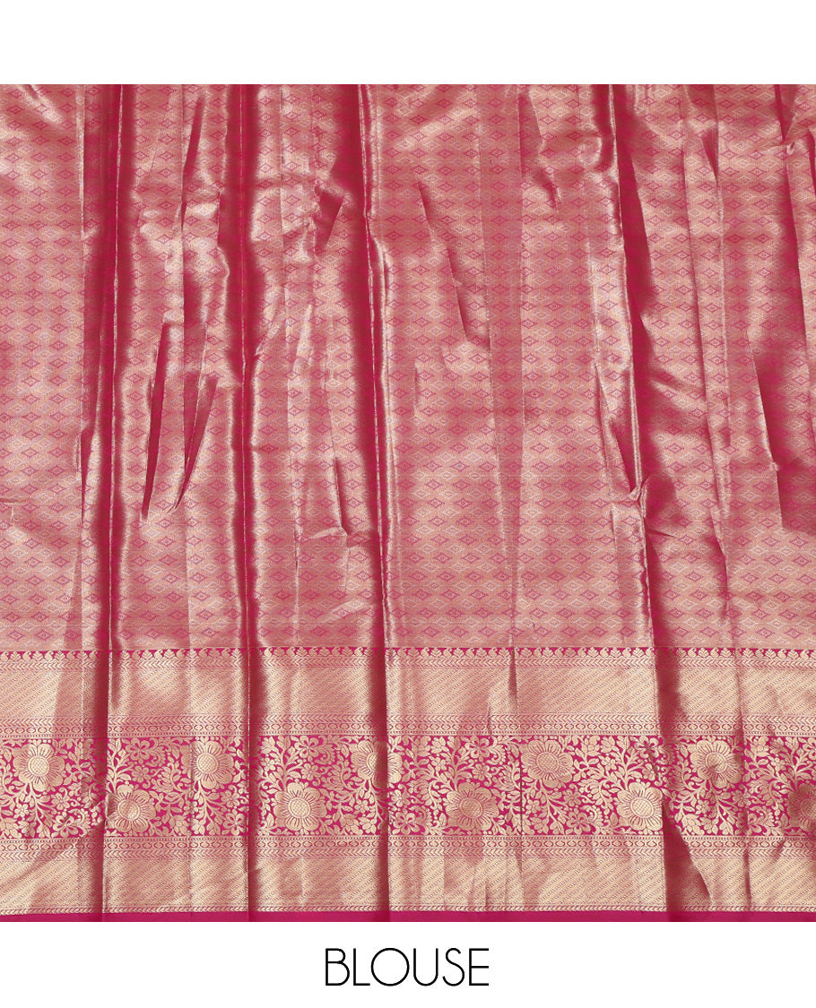 Grey Jacquard Art Silk Pavadai Material, a Contrast Traditional Zari Border, a Contrast Blouse
