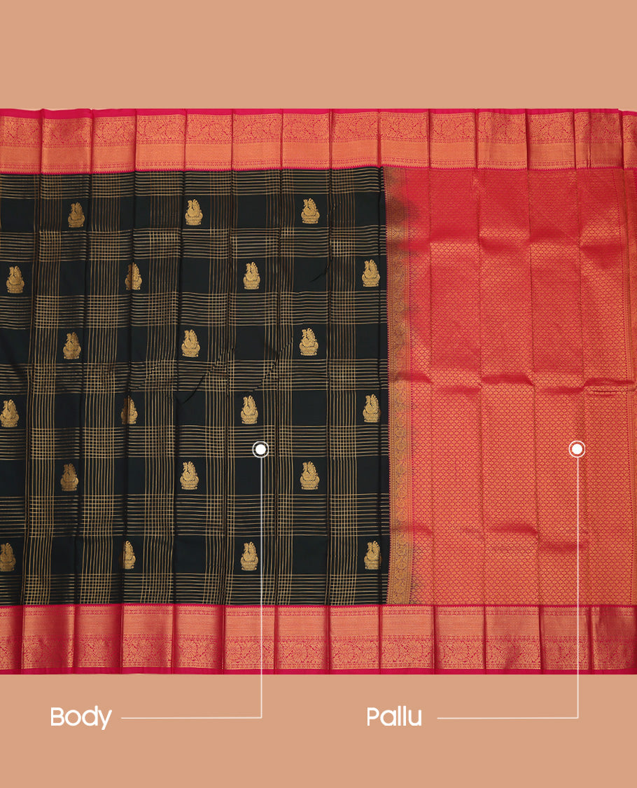 Green Budget Silk Saree, Richly Designed with Zari Butta Enclosed Checks On Its Body, Complemented by Contrast Traditional Zari Designs Woven Border, Grand Jaal Pallu and Paired with a Contrast Blouse
