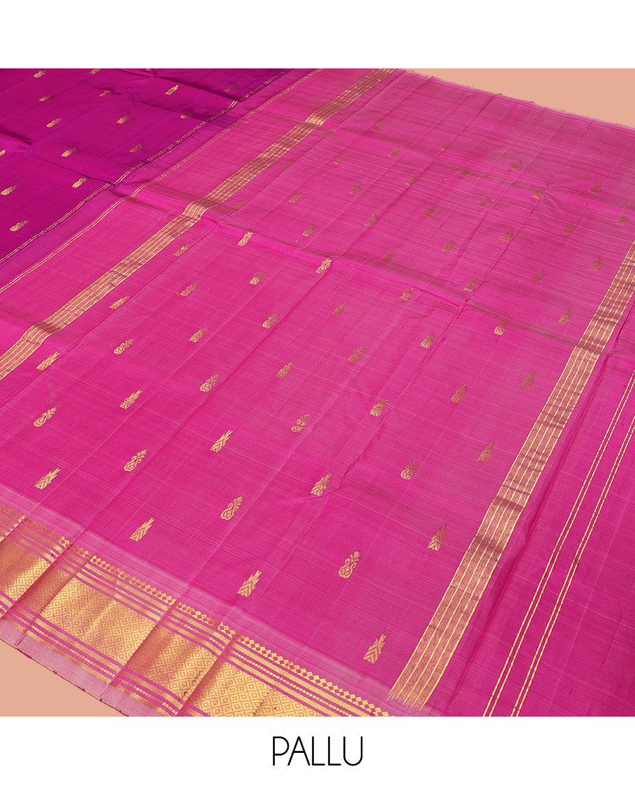Rani Pink Kanchipuram Silk Saree, Accentuated with Zari Buttas, a Contrast One-Sided Border of Paneer Sombu, Banaras, Muthu, and Jaal Designs, Zari-Woven Pallu, and No Blouse
