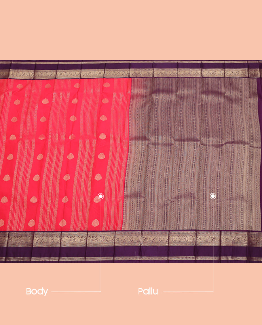 Pink Budget Silk Saree, Dazzled with Zari Buttas and Stripes, Complemented by Contrast Traditional Zari Rettai Pettu Border, Geometric Pallu, and a Contrast Blouse
