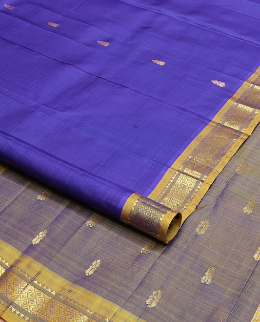 Ultramarine blue zari buttas Kanchipuram silk saree, contrast one-sided border of rekku & mayil kann & zari design pallu