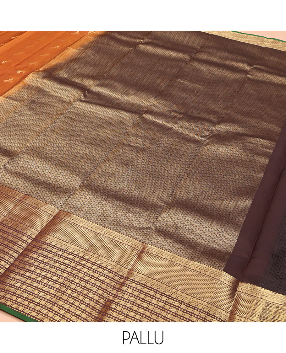 Orange Vasundhara Lite Silk Mix Saree, Graced with Zari Buttas on Its Body, Complemented by a Contrast Border of Rekku, Kathir, Rudraksham, Ara Maadam, and Mayil Kann Designs, Geometric Textured Pallu, and Paired with a Contrast Blouse