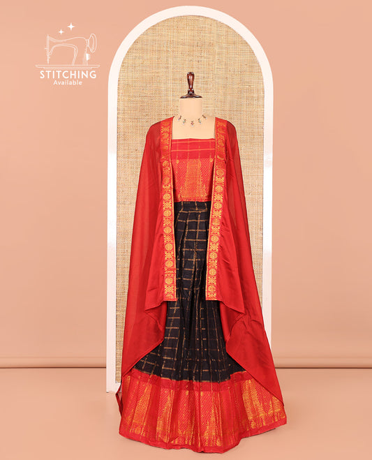 Black-Red Sungudi Cotton Half-Saree Features Checked Skirt, Contrast Gopuram Border, Contrast Blouse, and Zari-Bordered Syska Georgette Dhavani