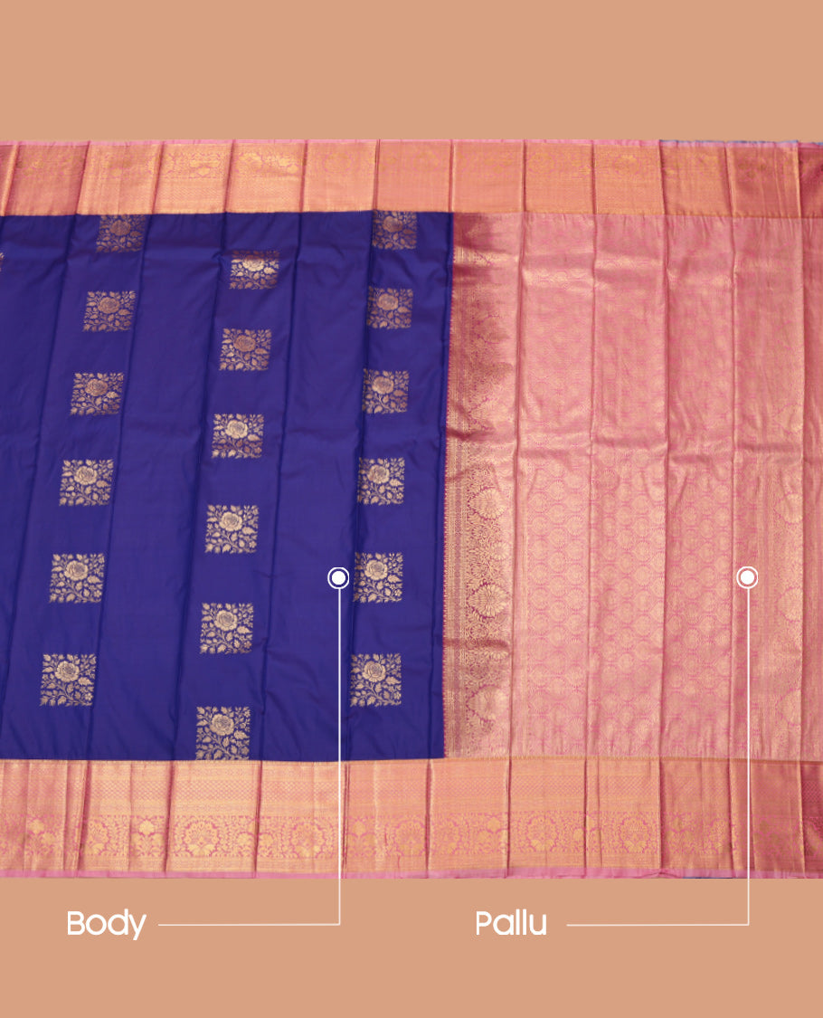 Blue Budget Silk Saree, Beautified with Zari Buttas, Complemented by Contrast Traditional Zari Border, Grand Pallu and a Contrast Blouse