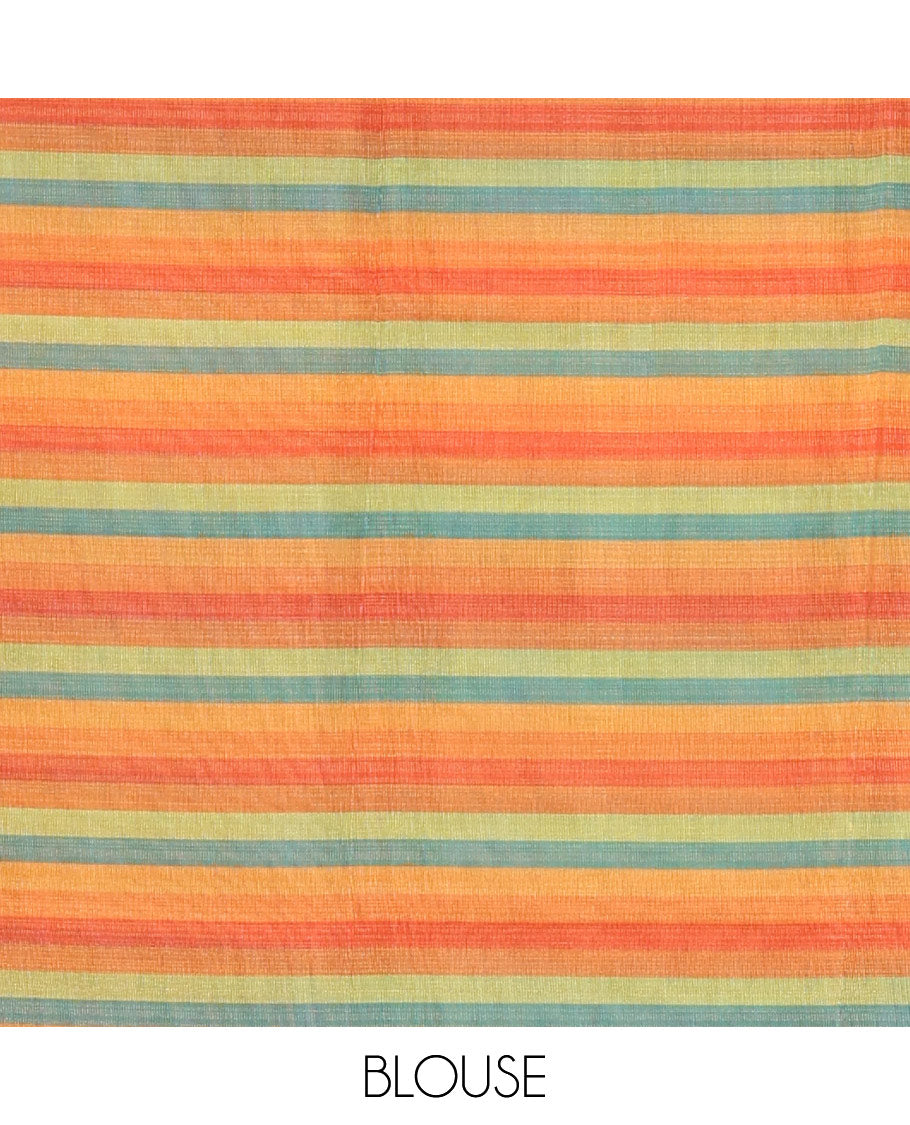 Borderless multi-color rainbow horizontal striped linen cotton saree, self-pallu and horizontal striped blouse