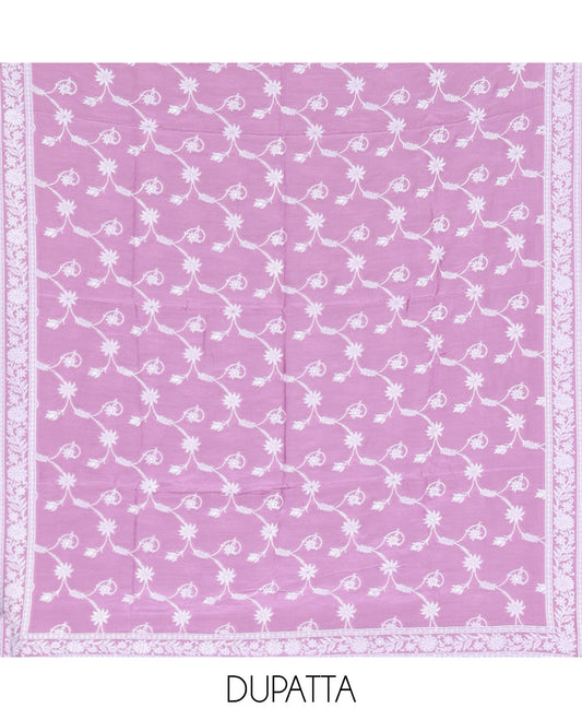Lavender Viscose Muslin Material Churidar Features Buttas Thread Woven Top, a Santoon Bottom, and Floral Jaal Dupatta