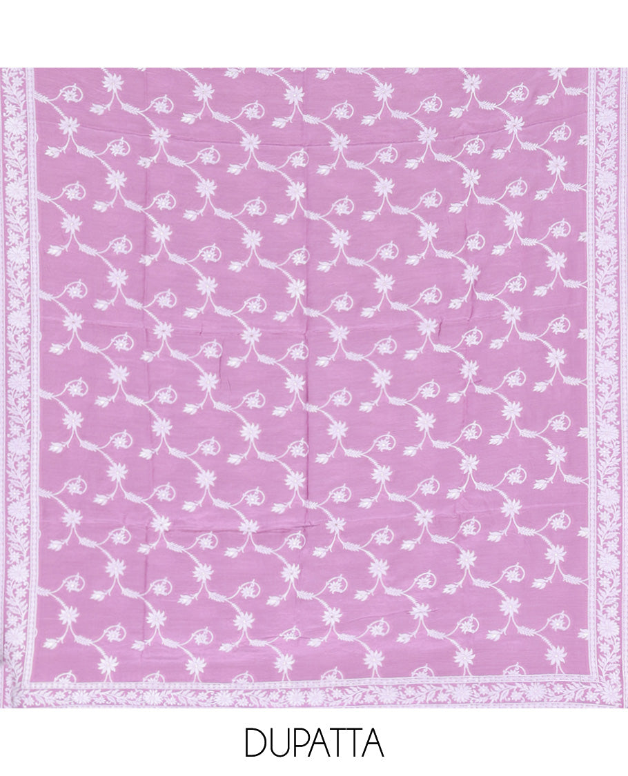 Lavender Viscose Muslin Material Churidar Features Buttas Thread Woven Top, a Santoon Bottom, and Floral Jaal Dupatta