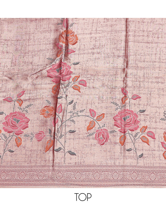 Peach Material Churidar Set, Finely Crafted with Floral Prints on Its Banarasi-Silk Top, a Contrast Rayon Bottom, and Floral Printed Dupatta