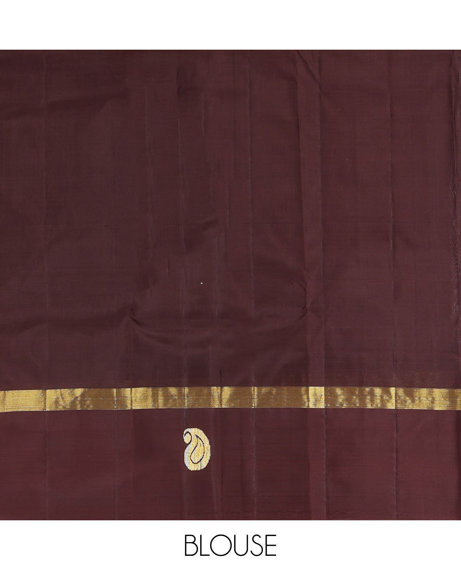 Orange Kanchipuram Silk Saree, Woven with Zari Buttas, Complemented by Contrast Manga-Thazampoo Rekku Border, Pallu of Zari Design, and a Contrast Blouse