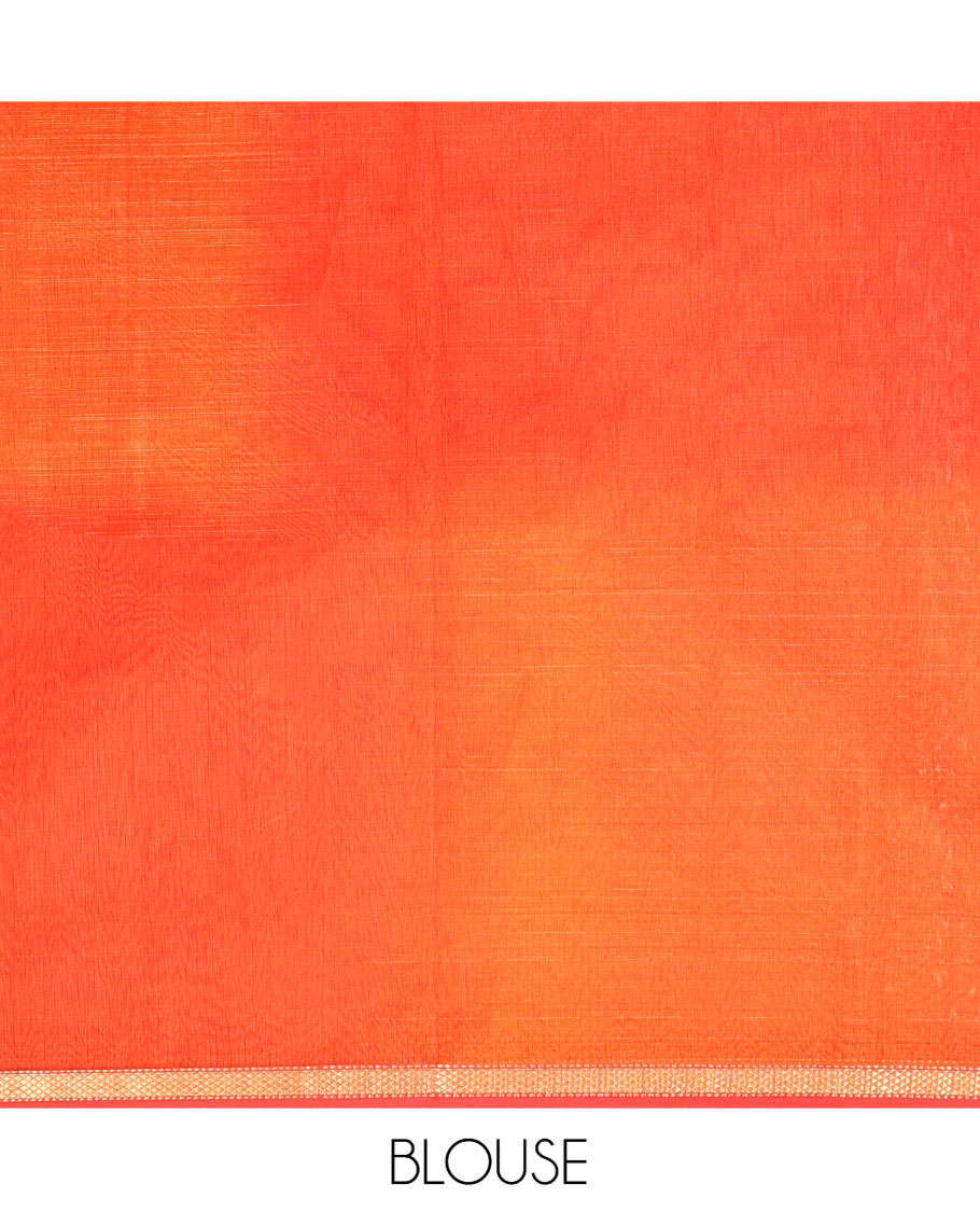 Orange Maheshwari Cotton Saree, Delicately Woven with Diamond Stripes on Its Body, Highlighted by Zari Border of Chevron Designs, Gleaming Pallu Steeped with Zari Stripes, and Paired with a Matching Blouse