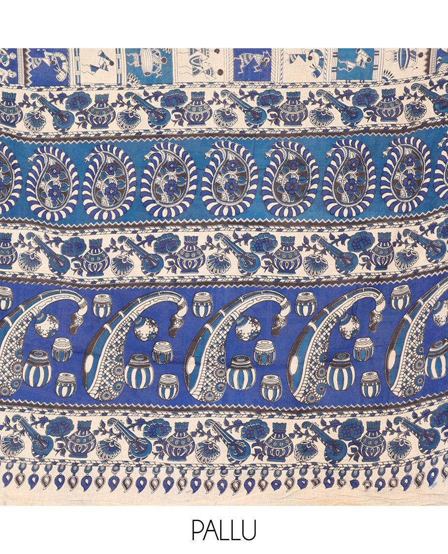 Blue Kalamkari Cotton Saree, Enriched with Warli Motifs Print, Self-Border of Musical Band, Pallu of Musical Instruments, and a Matching Blouse