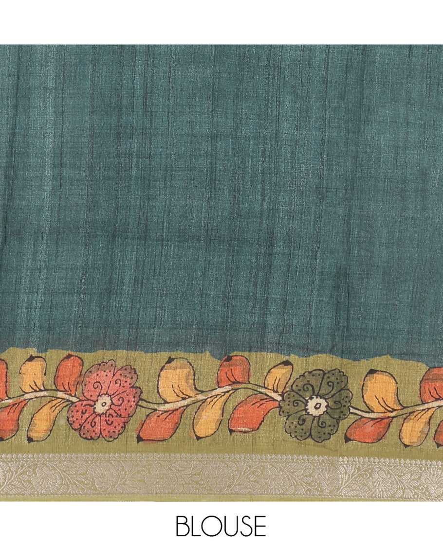 Navy Blue Kalamkari Printed Fancy Tussar Saree