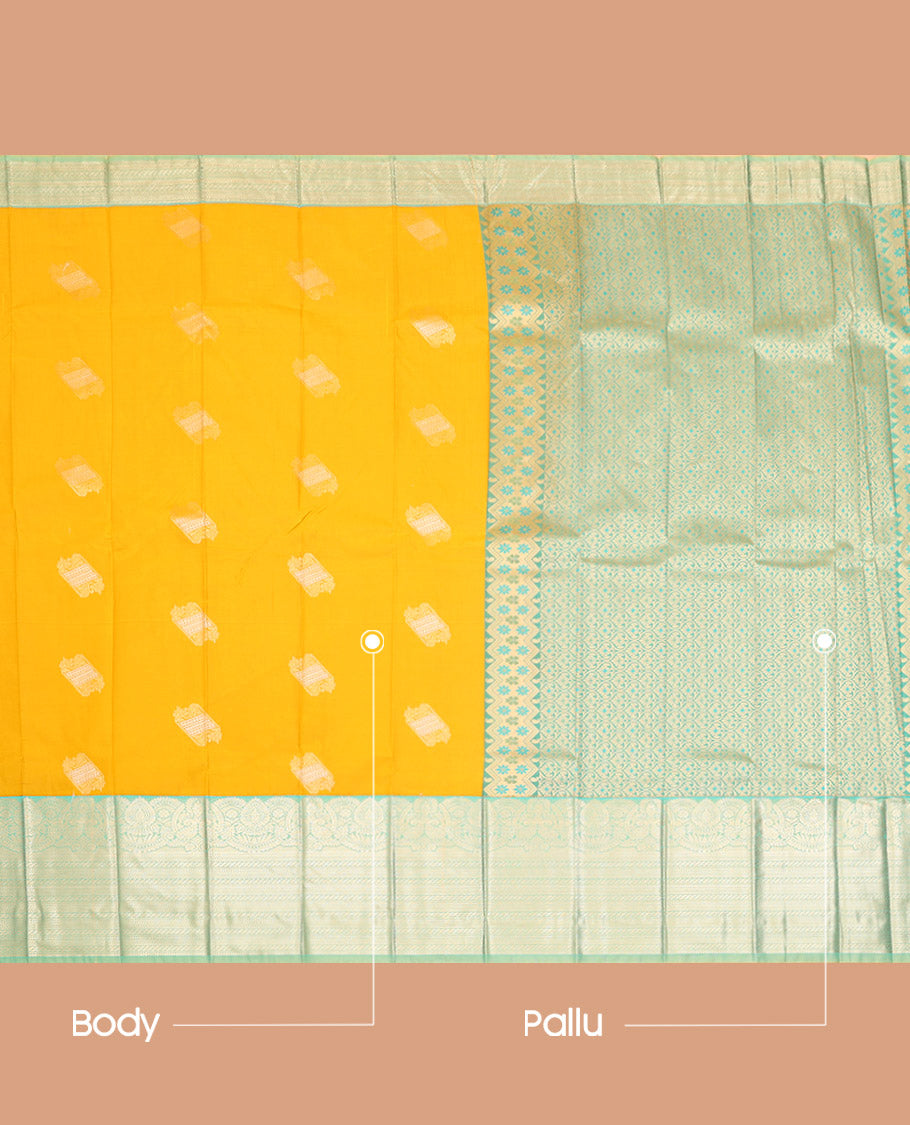 Yellow Budget Silk Saree, Woven with Zari Buttas on Its Body, Complemented by a Contrast Traditional Zari Design Border, Grand Pallu, and Paired with a Contrast Blouse
