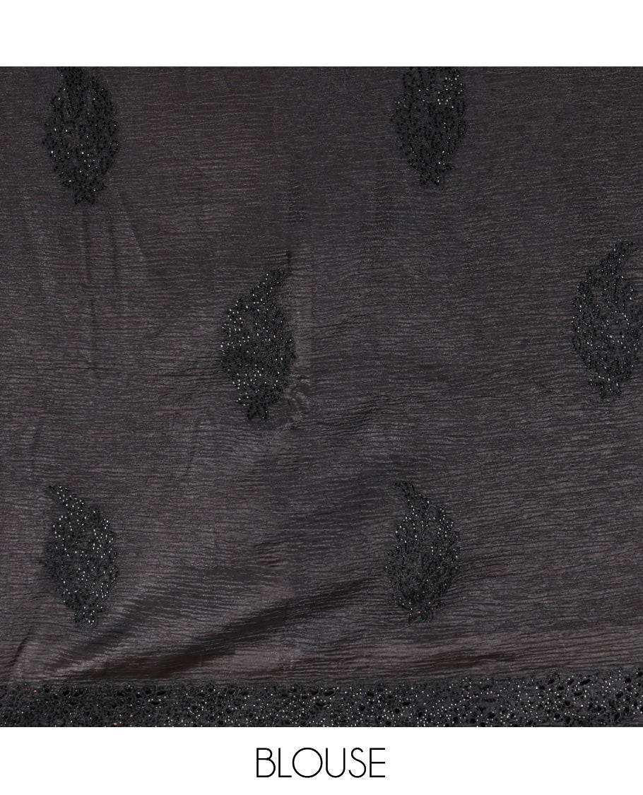 Black Designer Saree, Adorned with Micro-Stone Buttas, a Scallop Embroidered Border, and Matching Blouse