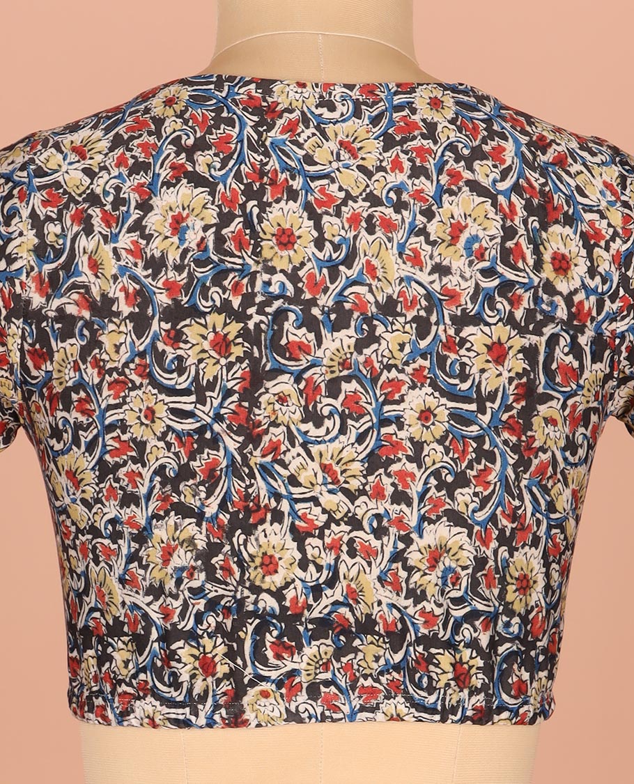 Black Base Readymade Blouse Adorned with Floral Vine Prints, Featuring a Front Round-Neck, a Back Closed Neck, and Elbow Sleeves